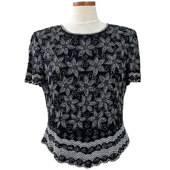 Adrianna Papell Silk Beaded Top L Black Evening Cocktail Scalloped Hem Formal - Picture 2 of 16
